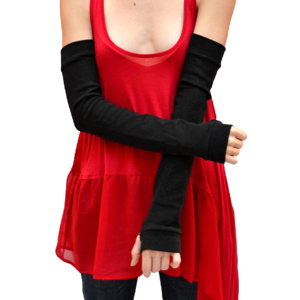 Handmade Long Arm Warmers Black Cotton Gloves Armwarmers Knit Covers Thumb Holes